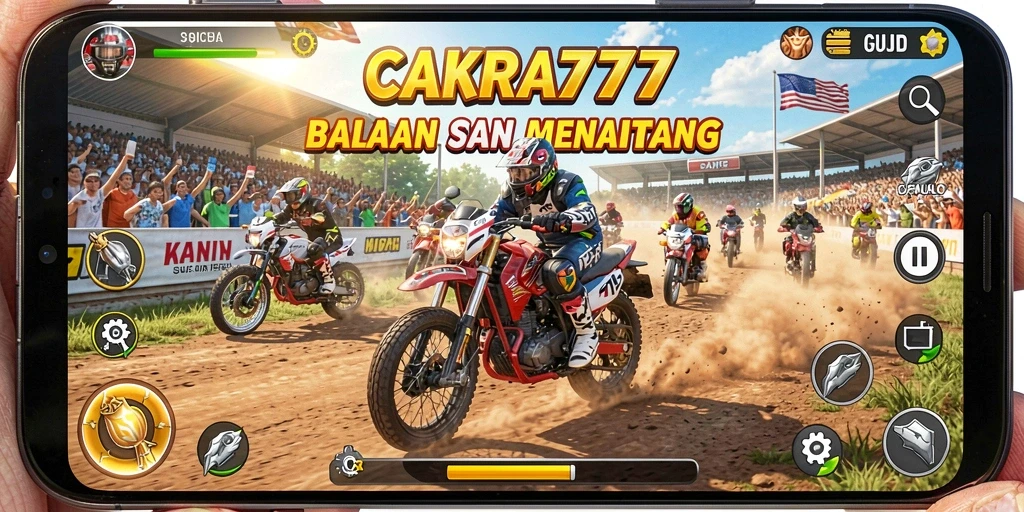 Tampilan gameplay menegangkan dalam CAKRA777 saat balapan motor.