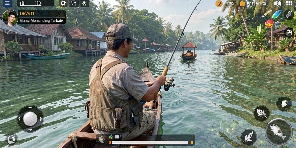 Screenshot gameplay DEWI11 yang menampilkan momen memancing yang seru.