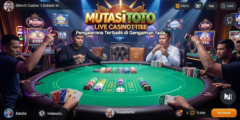 Screenshot gameplay MUTASITOTO menampilkan dealer dan meja permainan yang menarik.