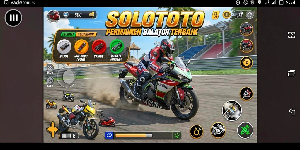 Screenshot gameplay SOLOTOTO menampilkan aksi balapan motor yang intens.
