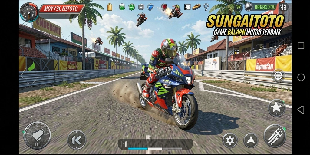 Gameplay intens SUNGAITOTO dengan aksi balapan motor yang seru.
